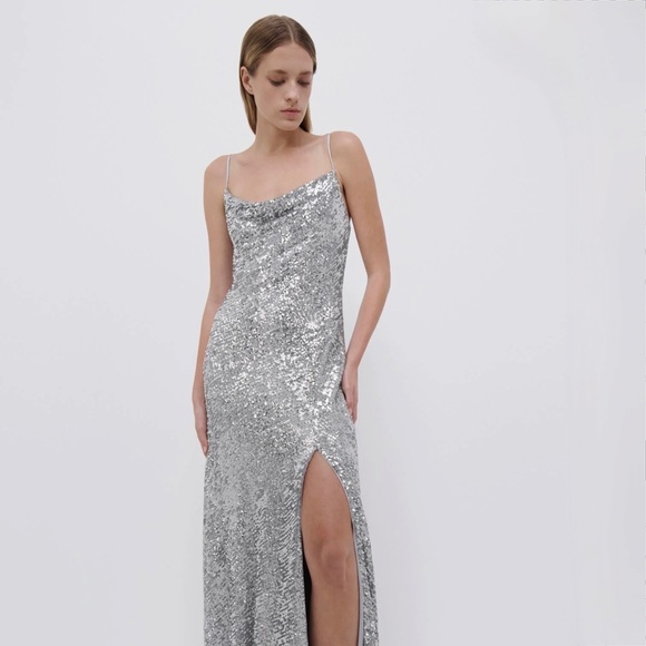 Jonathan Simkhai Silver Finley All Over Sequined Lined Dress Gown IT44 - Picture 7 of 16